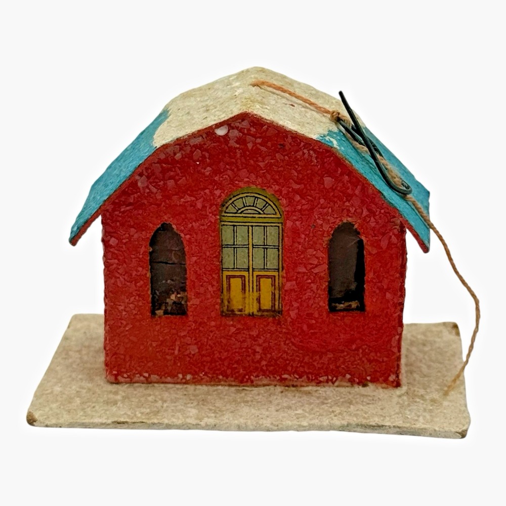 Miniature Putz House Mica Christmas Ornament Red Blue 1950s Japan Vintage
